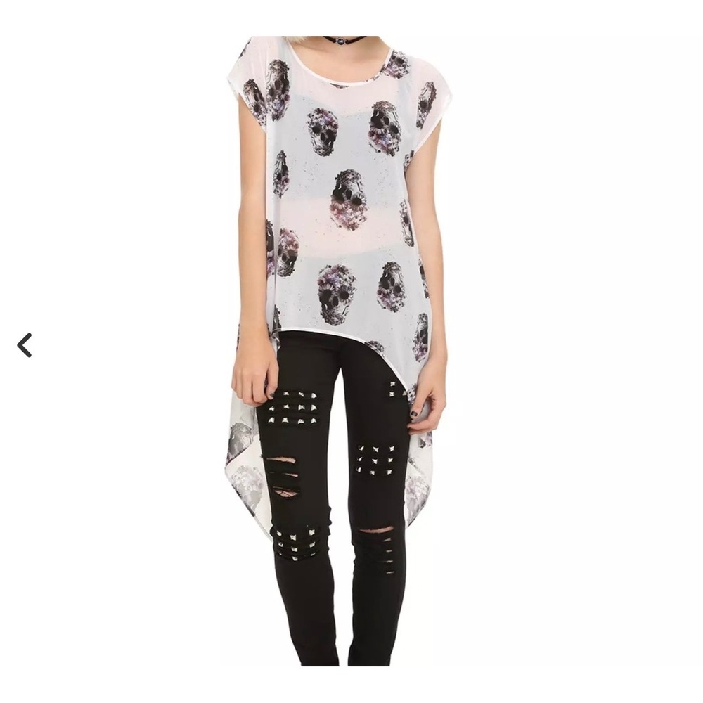 Hot Topic White Floral Skull Print Split Back High Low Chiffon Tunic Top Small